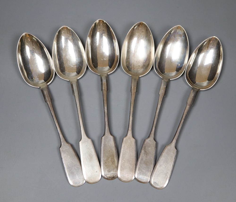 A set of six early 20th century Russian 84 zolotnik fiddle pattern table spoons, 20.8cm, 11.5oz.